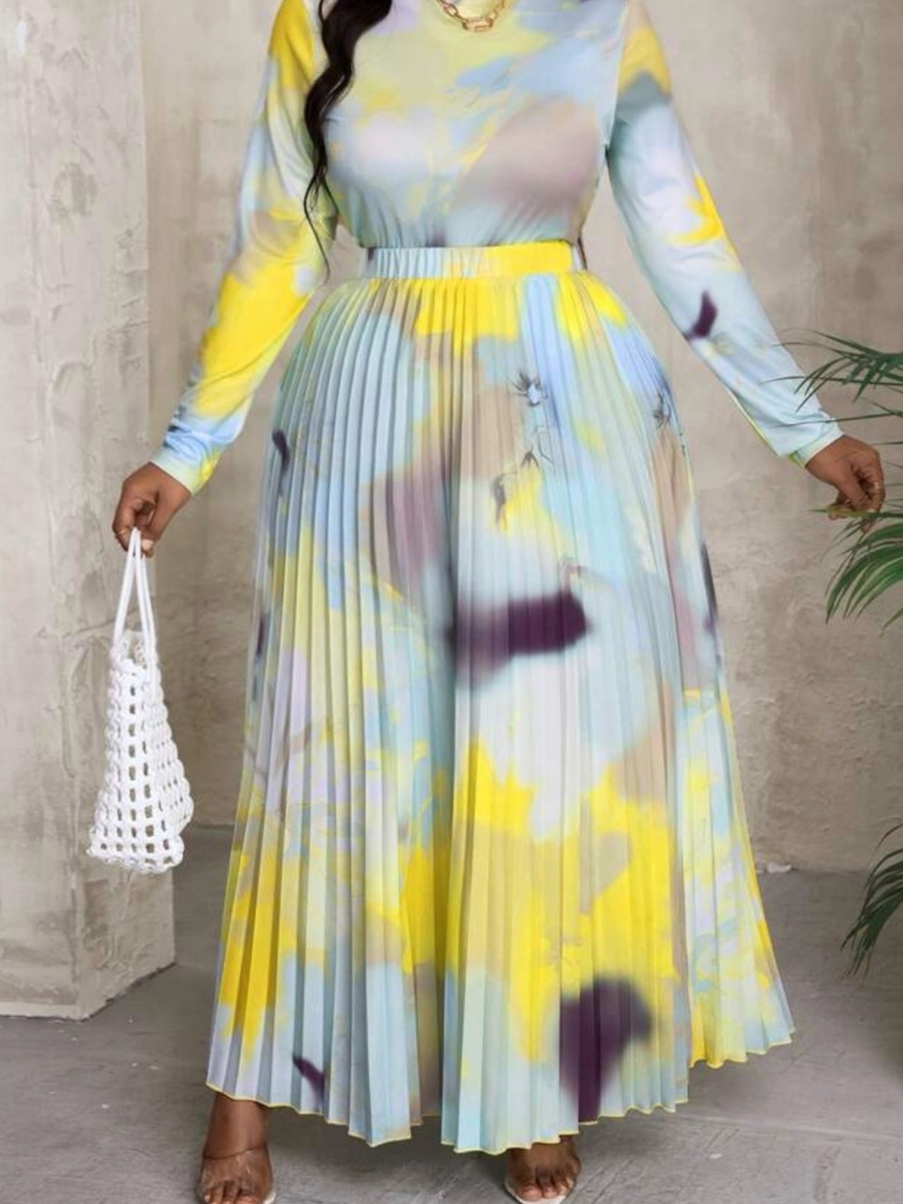 Pleated Watercolor Maxi Dress — Yellow, Light Blue, Purple